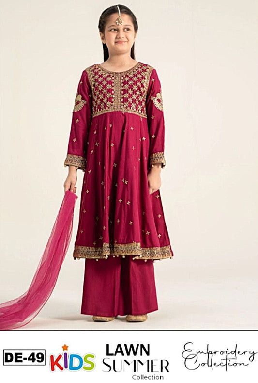 Kids 3PC Embroidered Summer Dress With Net Dupatta - Unstitched - DE-49