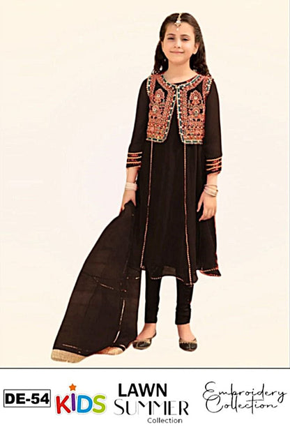 Kids 3PC Embroidered Summer Dress With Net Dupatta - Unstitched - DE-54