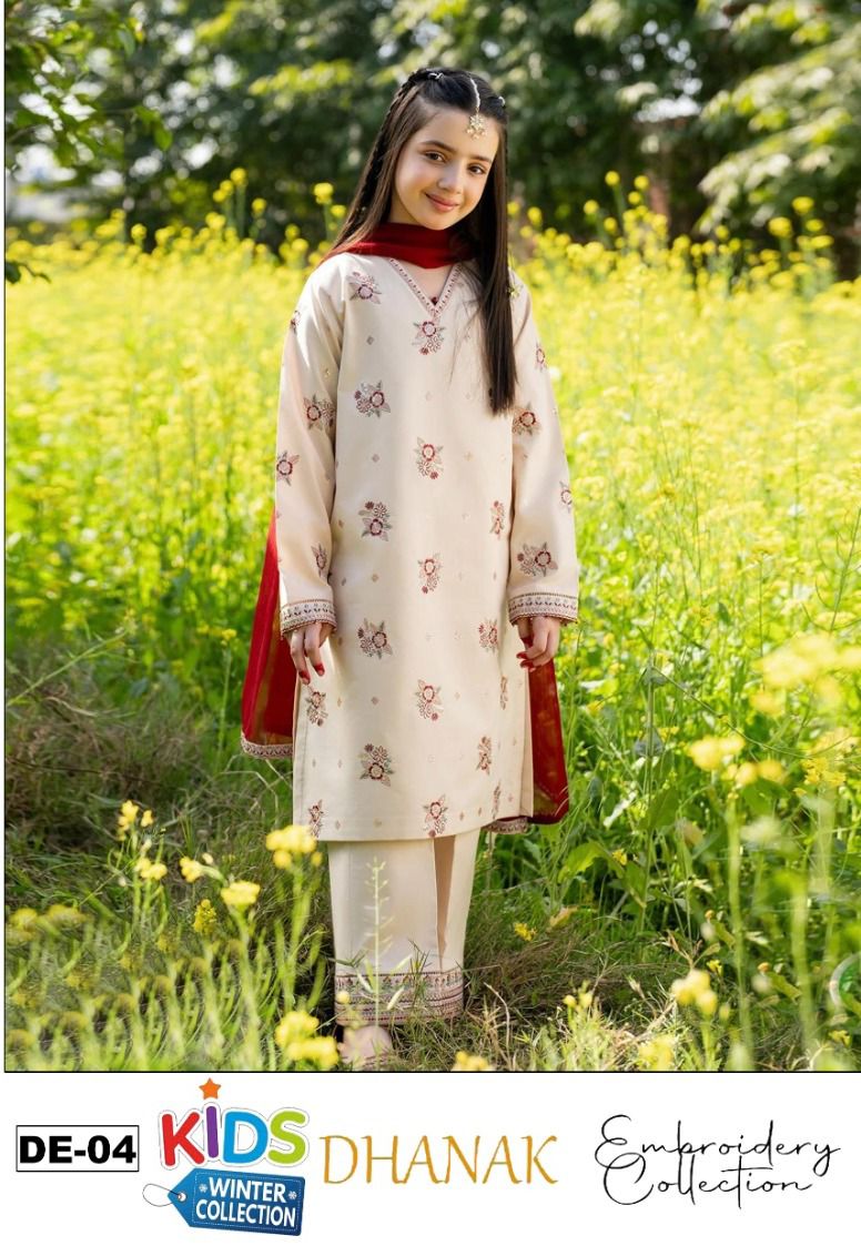 Kids 3PC Embroidered Winter Dress With Net Dupatta - Unstitched - DE04