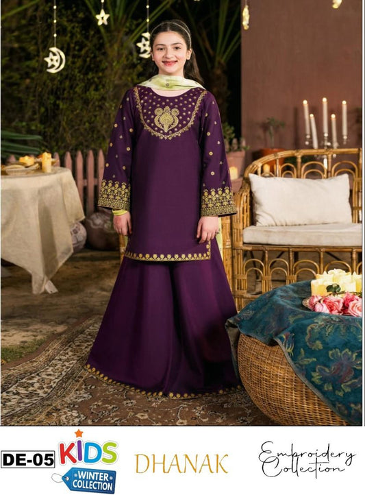 Kids 3PC Embroidered Winter Dress With Net Dupatta - Unstitched - DE05