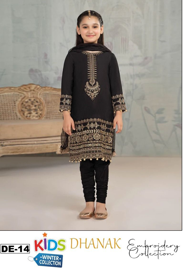 Kids 3PC Embroidered Winter Dress With Net Dupatta - Unstitched - DE14