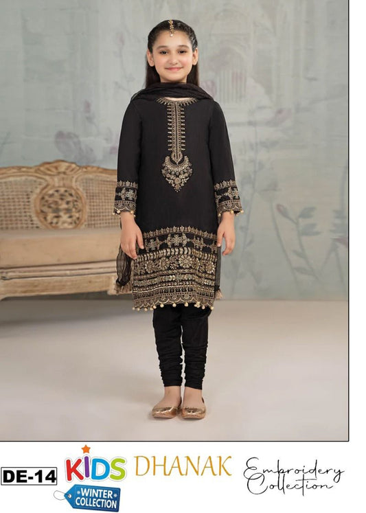 Kids 3PC Embroidered Winter Dress With Net Dupatta - Unstitched - DE14