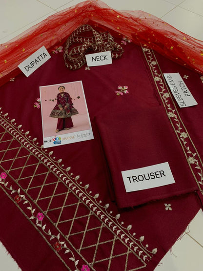 Kids 3PC Embroidered Winter Dress With Net Dupatta - Unstitched - DE10