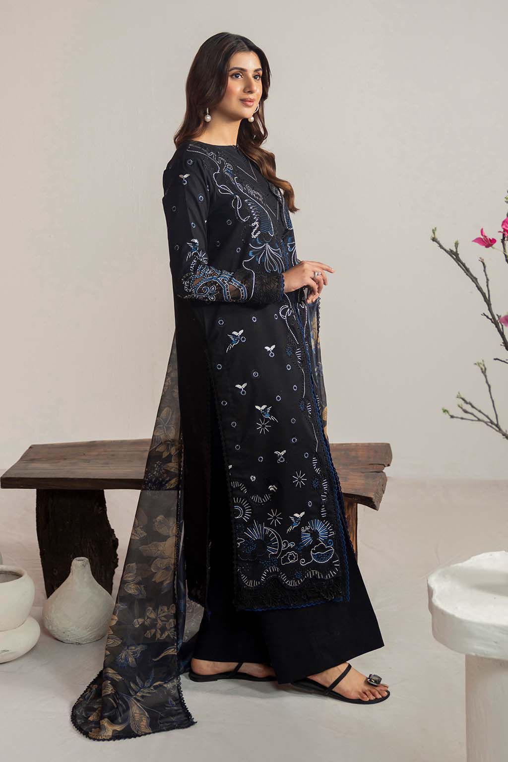Neeshay 5055 Luxury Embroidered Dhanak 3PC Suit with Twill Wool Shawl (unstitched)
