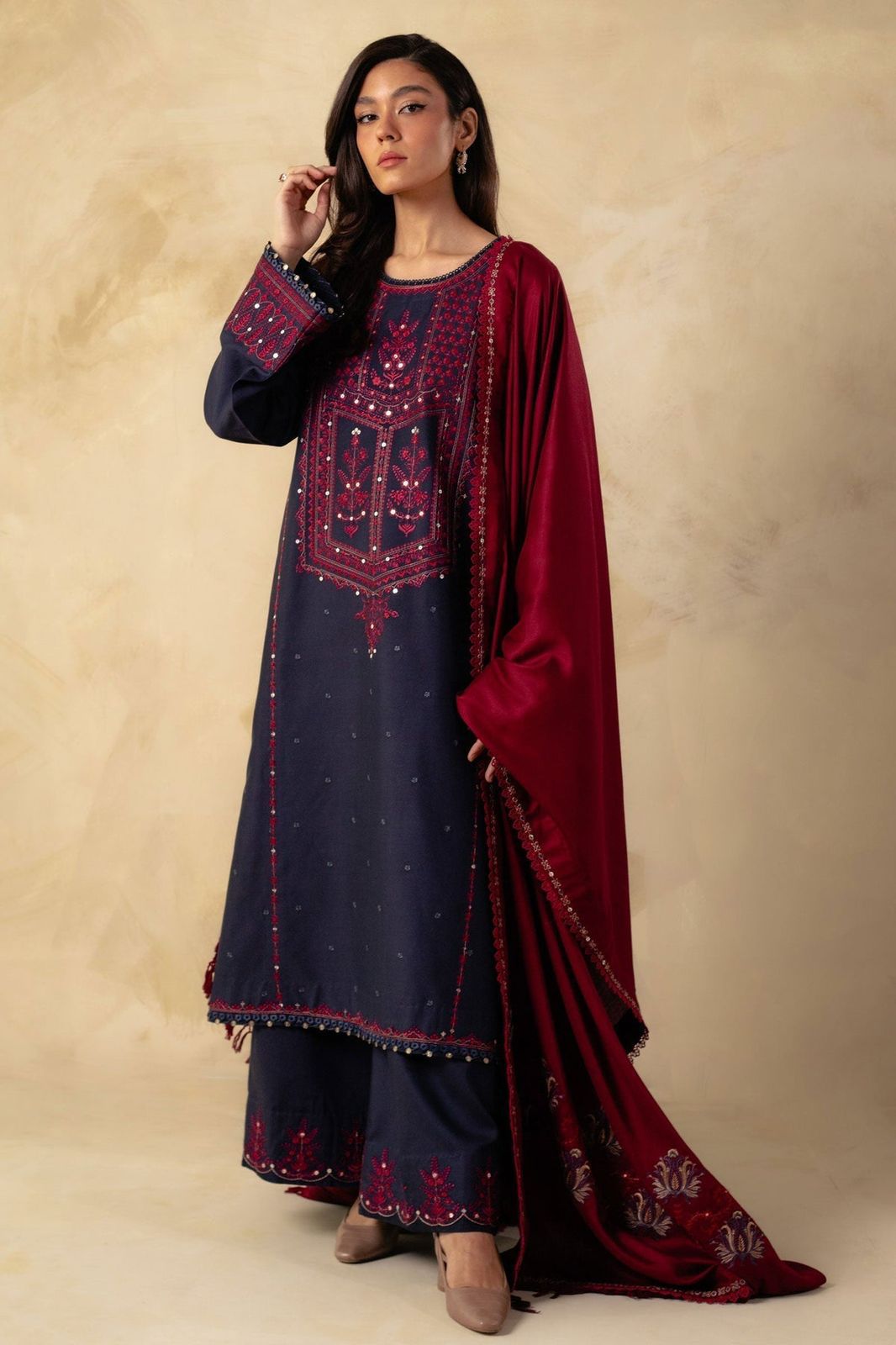 Coco 5008 Luxury Embroidered Dhanak 3PC Suit with Shawl (unstitched)