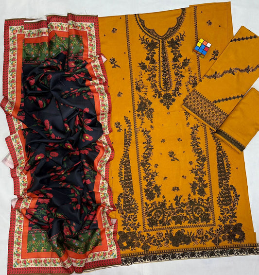 Hussain Rehar 5046 Dhanak Embroidered Winter Suit – 3PC with Wool Shawl (unstitched)