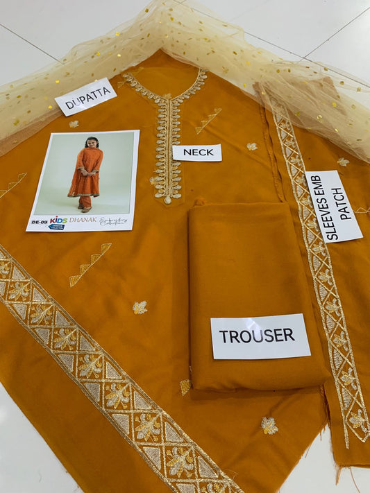 Kids 3PC Embroidered Winter Dress With Net Dupatta - Unstitched - DE09