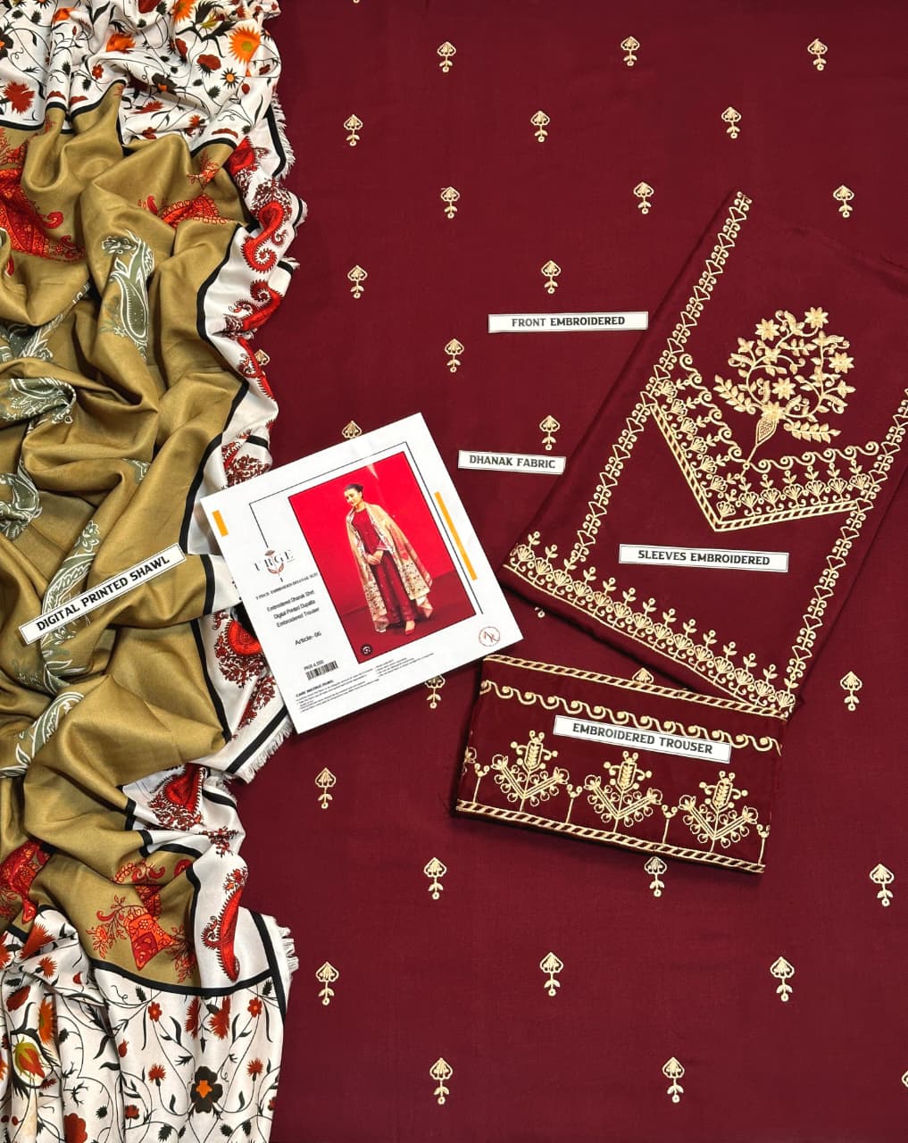 URGE  AIRJET DHANAK 3PC EMBROIDERED With Digital Printed Pashmina Shawl (UNSTITCHED)