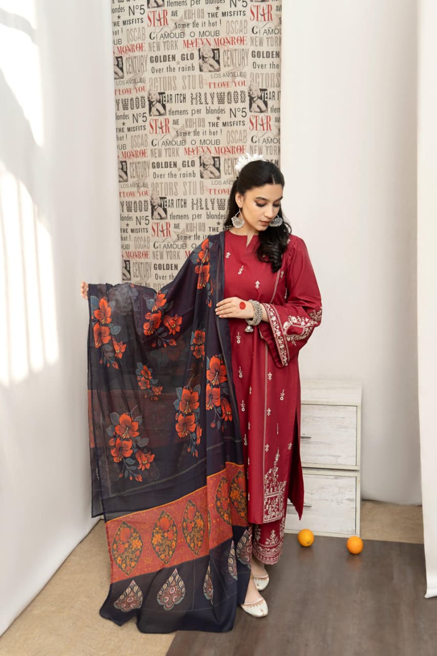 URGE  AIRJET DHANAK 3PC EMBROIDERED With Digital Printed Pashmina Shawl (UNSTITCHED)