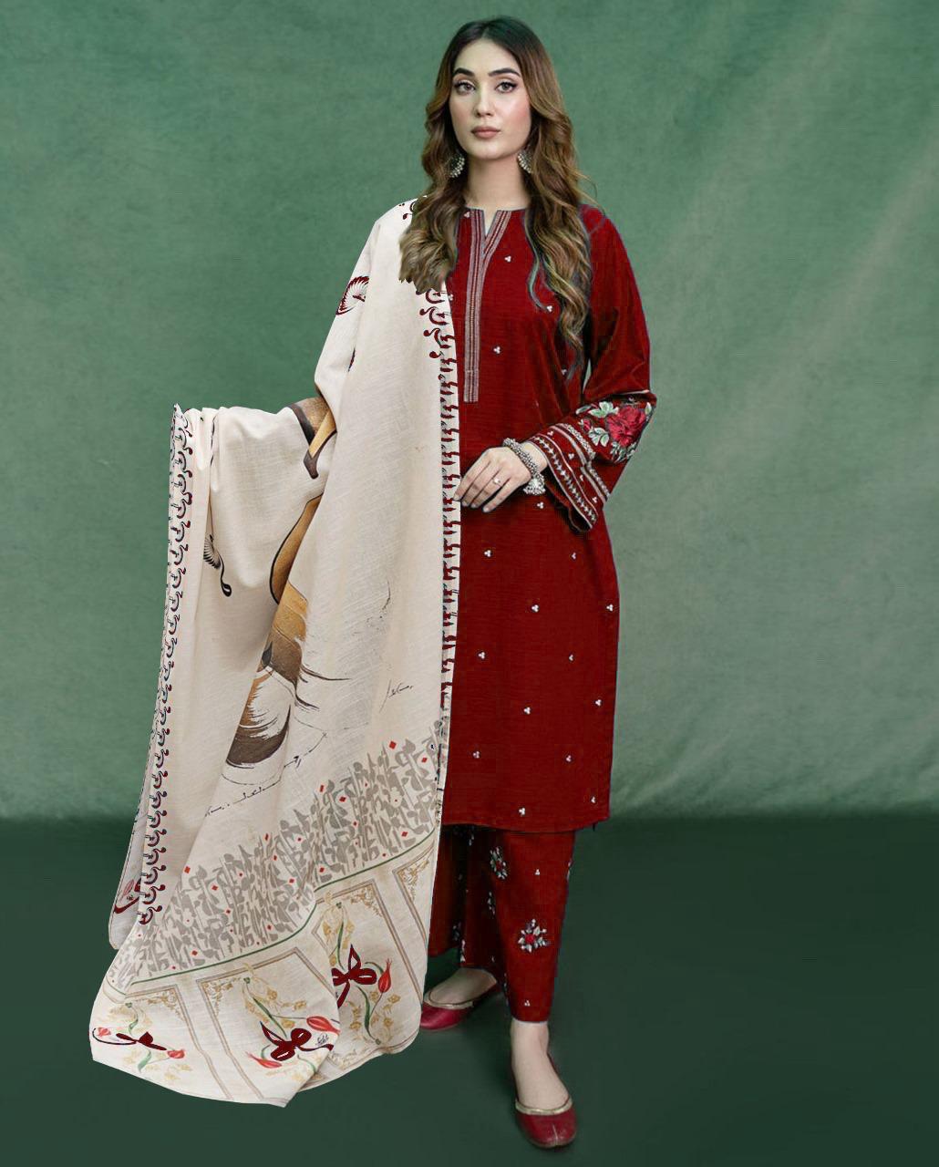 URGE  AIRJET DHANAK 3PC EMBROIDERED With Digital Printed Pashmina Shawl (UNSTITCHED)