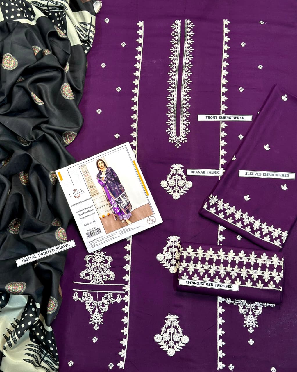 URGE  AIRJET DHANAK 3PC EMBROIDERED With Digital Printed Pashmina Shawl (UNSTITCHED)