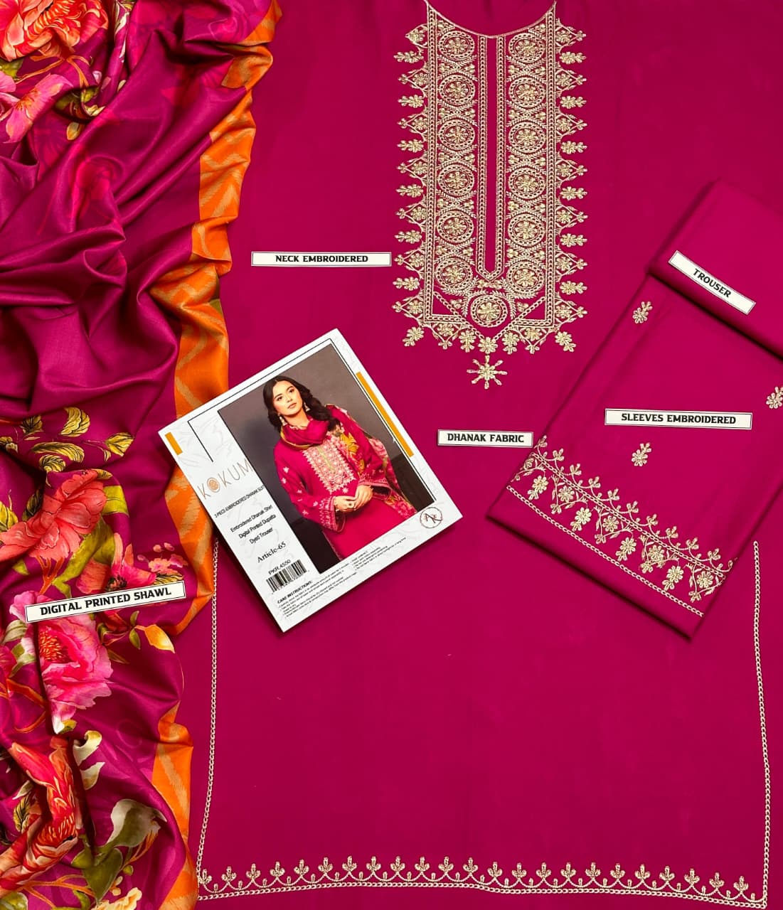 KOKUM  AIRJET DHANAK 3PC EMBROIDERED With Digital Printed Pashmina Shawl (UNSTITCHED)