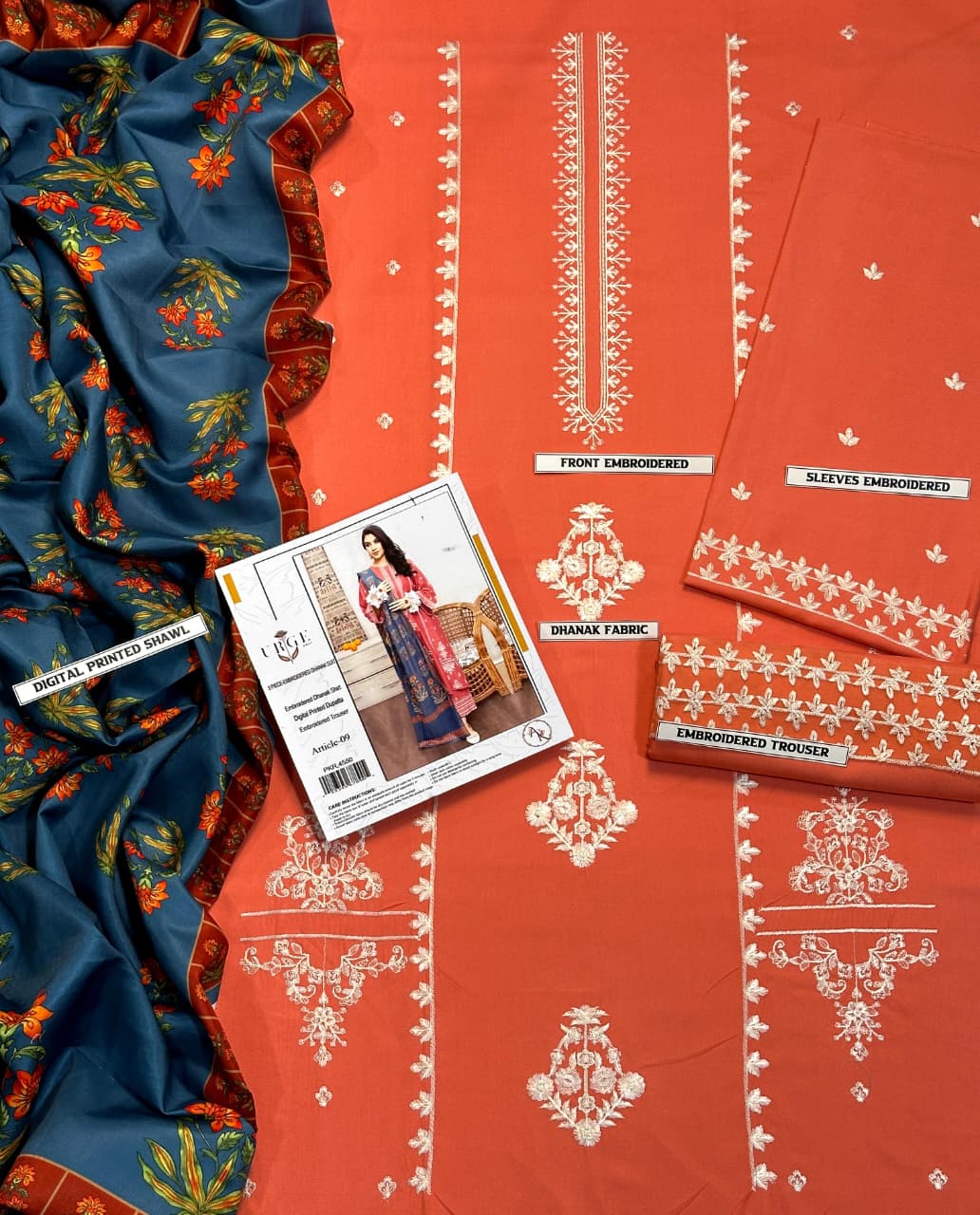 URGE  AIRJET DHANAK 3PC EMBROIDERED With Digital Printed Pashmina Shawl (UNSTITCHED)