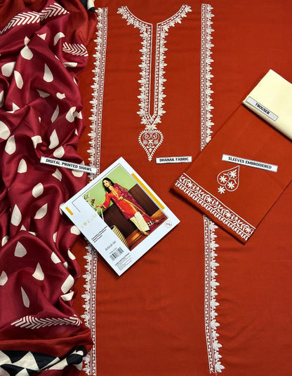 KOKUM  AIRJET DHANAK 3PC EMBROIDERED With Digital Printed Pashmina Shawl (UNSTITCHED)