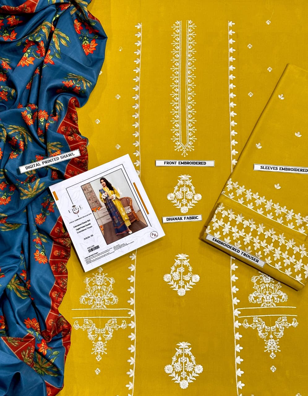 URGE  AIRJET DHANAK 3PC EMBROIDERED With Digital Printed Pashmina Shawl (UNSTITCHED)