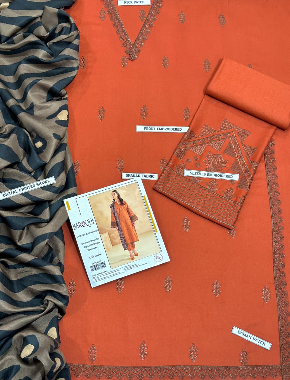 BAROQUE  AIRJET DHANAK 3PC EMBROIDERED With Digital Printed Pashmina Shawl (UNSTITCHED)