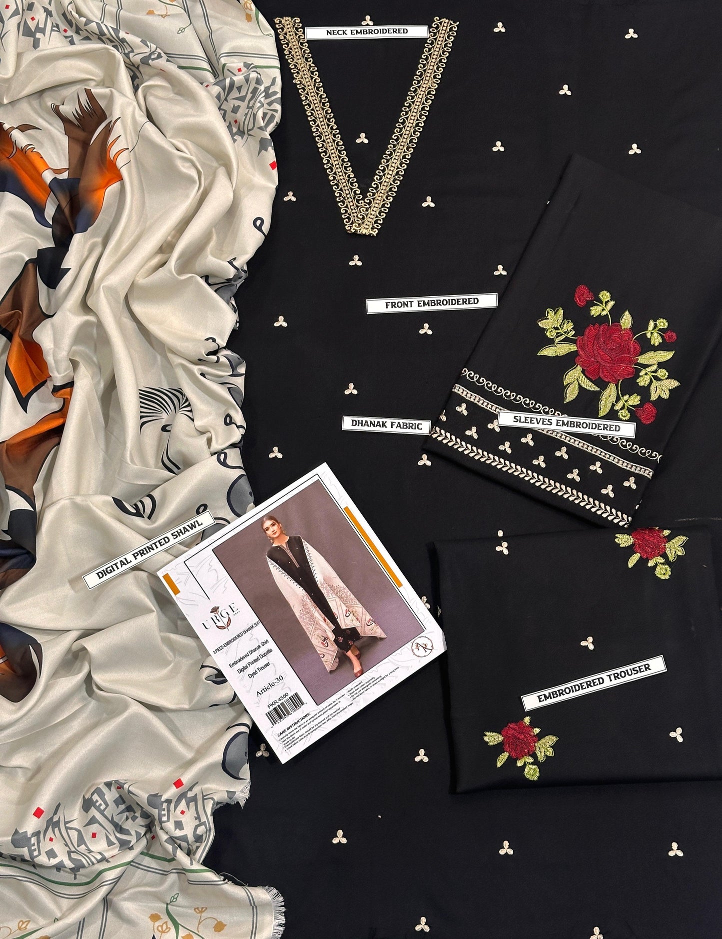 URGE  AIRJET DHANAK 3PC EMBROIDERED With Digital Printed Pashmina Shawl (UNSTITCHED)