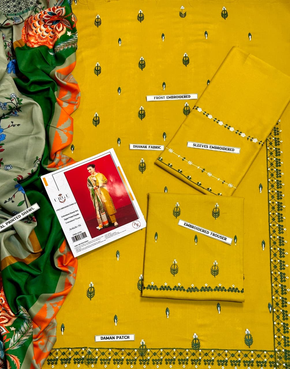 URGE  AIRJET DHANAK 3PC EMBROIDERED With Digital Printed Pashmina Shawl (UNSTITCHED)