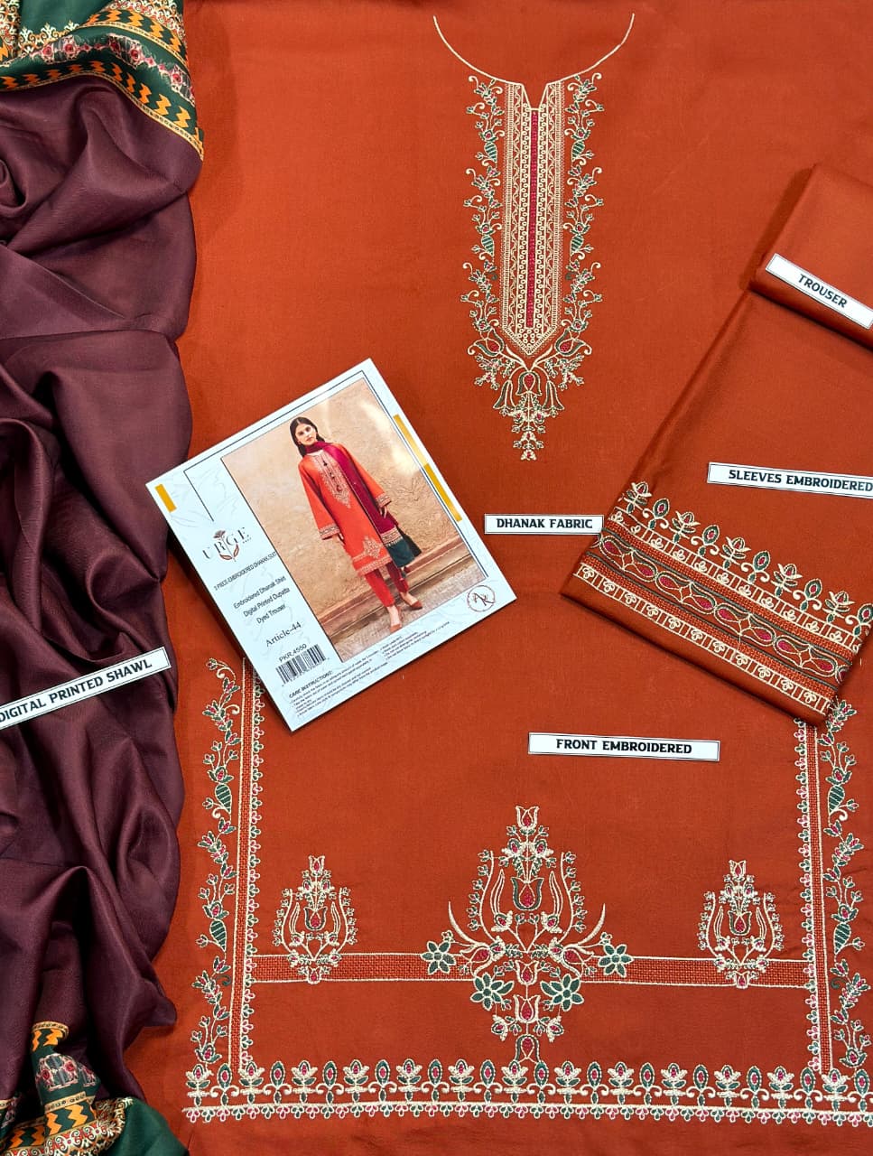 URGE  AIRJET DHANAK 3PC EMBROIDERED With Digital Printed Pashmina Shawl (UNSTITCHED)