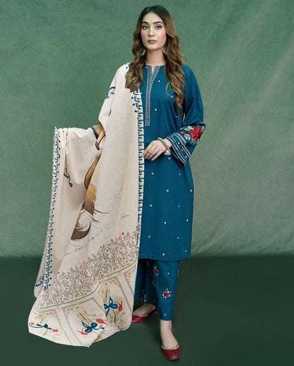 Asling Airjet Dhanak Embroidered  3PC Winter Suit with Digital Pashmina Shawl (Unstitched)