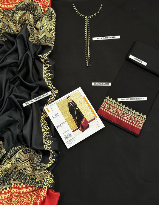 DYOT Airjet Dhanak Embroidered  3PC Winter Suit with Digital Pashmina Shawl (Unstitched)