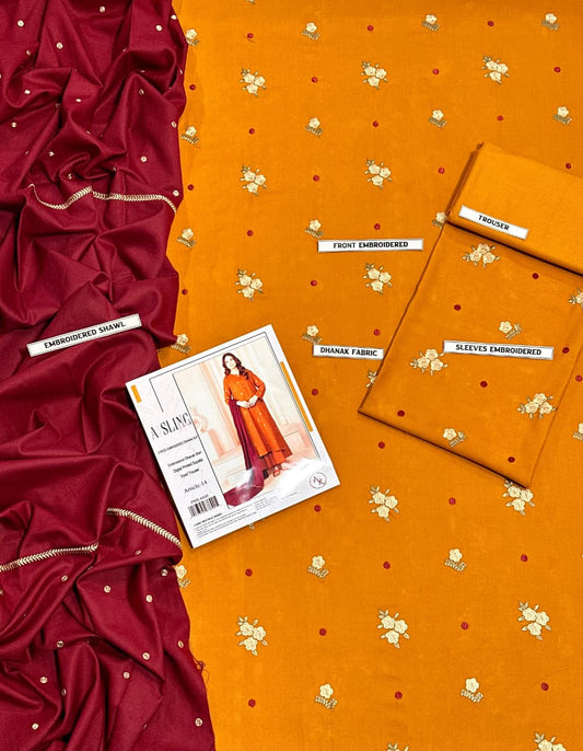 Asling Airjet Dhanak Embroidered  3PC Winter Suit with Digital Pashmina Shawl (Unstitched)