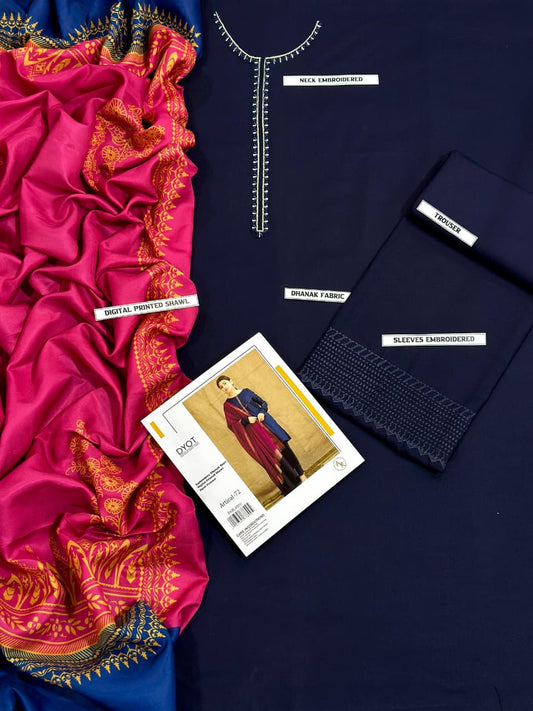 DYOT Airjet Dhanak Embroidered  3PC Winter Suit with Digital Pashmina Shawl (Unstitched)