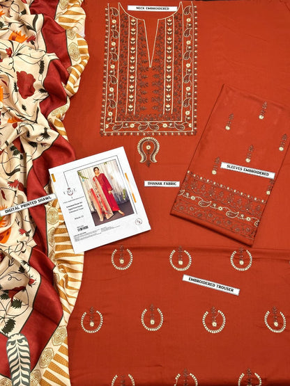URGE Airjet Dhanak Embroidered 3PC Winter Suit with Digital Pashmina Shawl (UNSTITCHED)