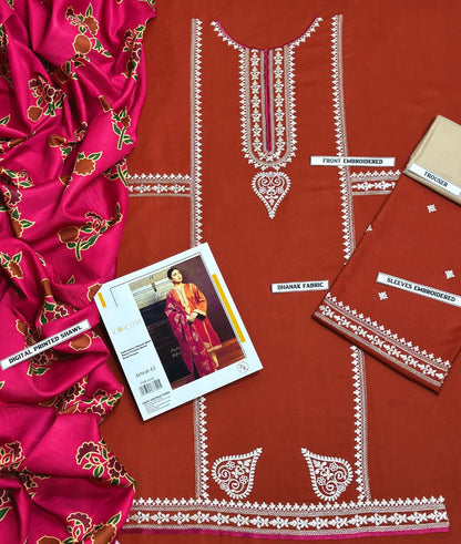 KOKUM Airjet Dhanak Embroidered 3PC Winter Suit with Digital Pashmina Shawl (UNSTITCHED)