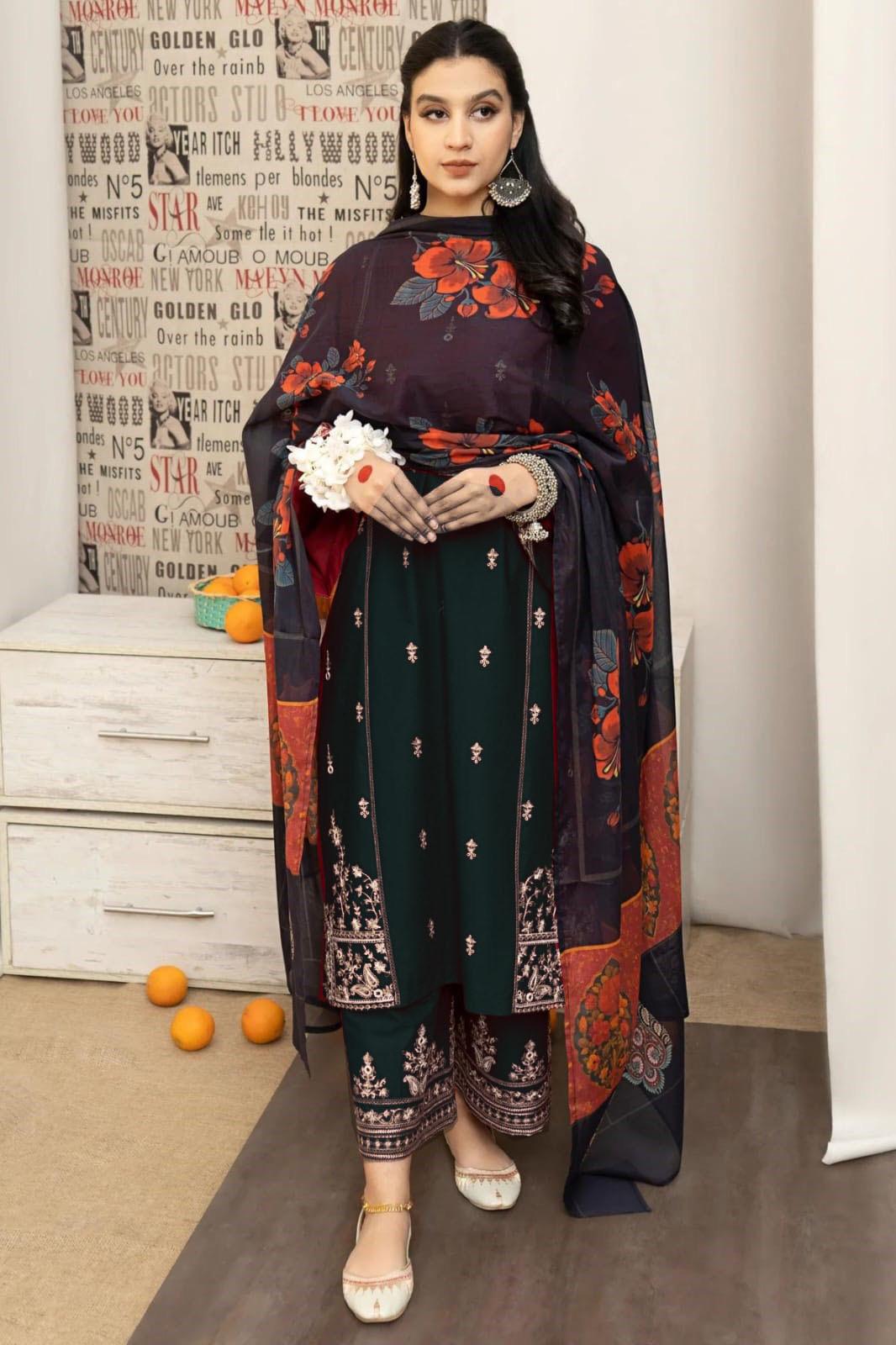 URGE  AIRJET DHANAK 3PC EMBROIDERED With Digital Printed Pashmina Shawl (UNSTITCHED)