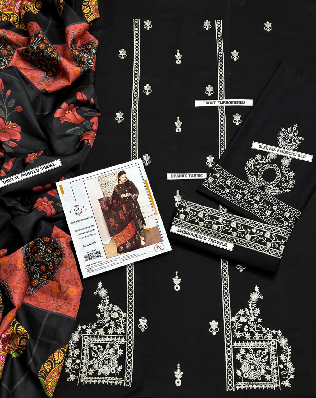 URGE  AIRJET DHANAK 3PC EMBROIDERED With Digital Printed Pashmina Shawl (UNSTITCHED)