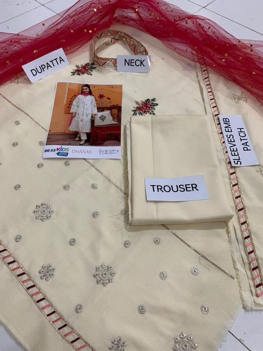 Kids 3PC Embroidered Winter Dress With Net Dupatta - Unstitched - DE03