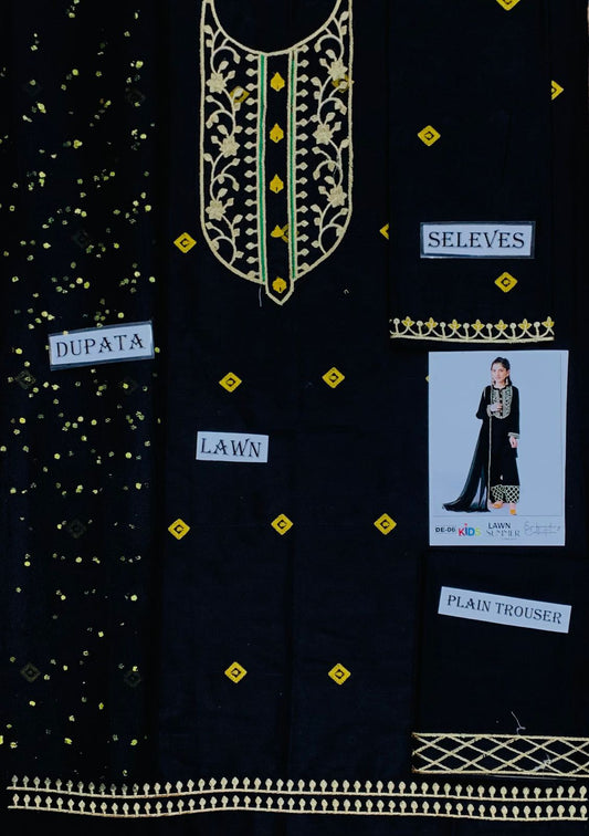 Kids 3PC Embroidered Summer Dress With Net Dupatta - Unstitched - DE-27B