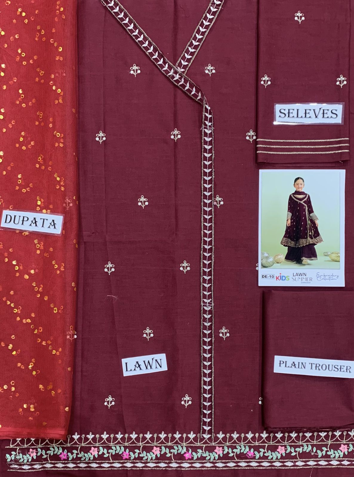 Kids 3PC Embroidered Summer Dress With Net Dupatta - Unstitched - DE-10