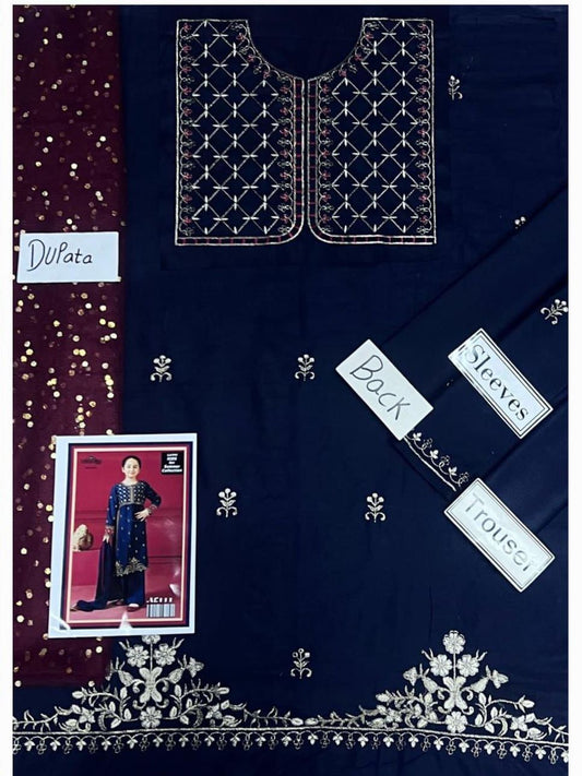 Kids 3PC Embroidered Summer Dress With Net Dupatta - Unstitched - DE-19