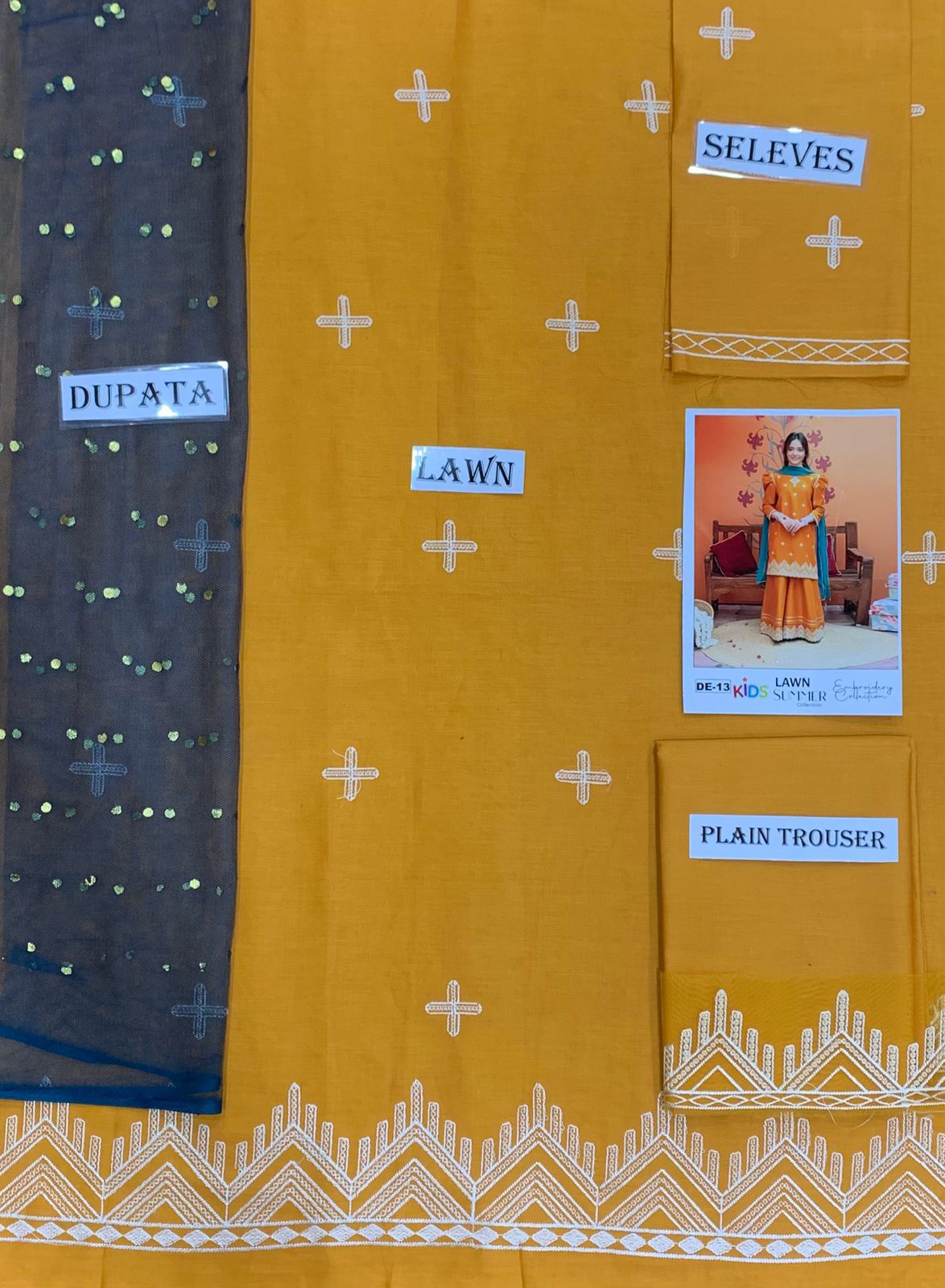 Kids 3PC Embroidered Summer Dress With Net Dupatta - Unstitched - DE-13