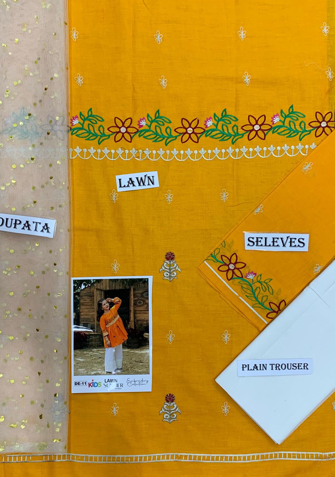 Kids 3PC Embroidered Summer Dress With Net Dupatta - Unstitched - DE-11