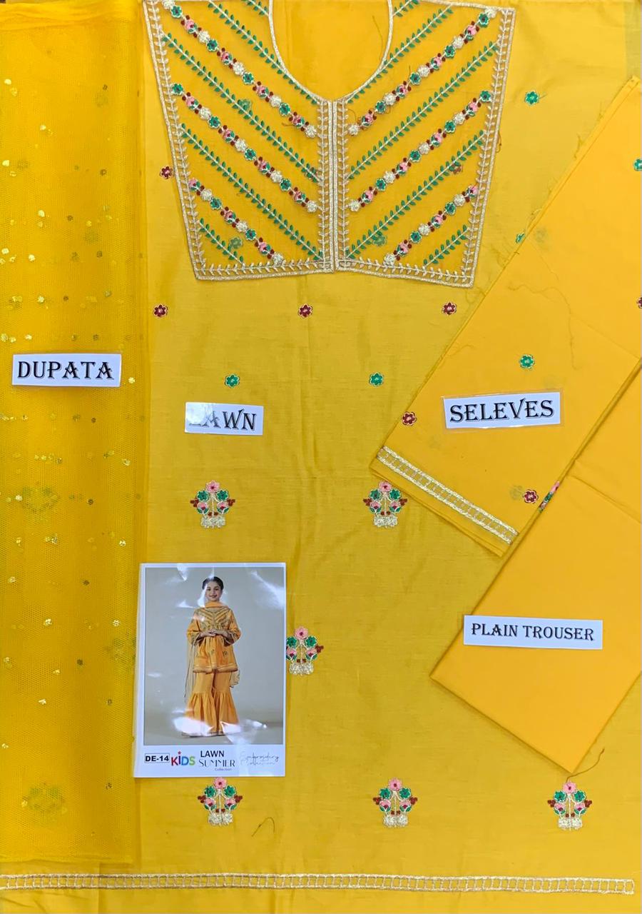 Kids 3PC Embroidered Summer Dress With Net Dupatta - Unstitched - DE-14