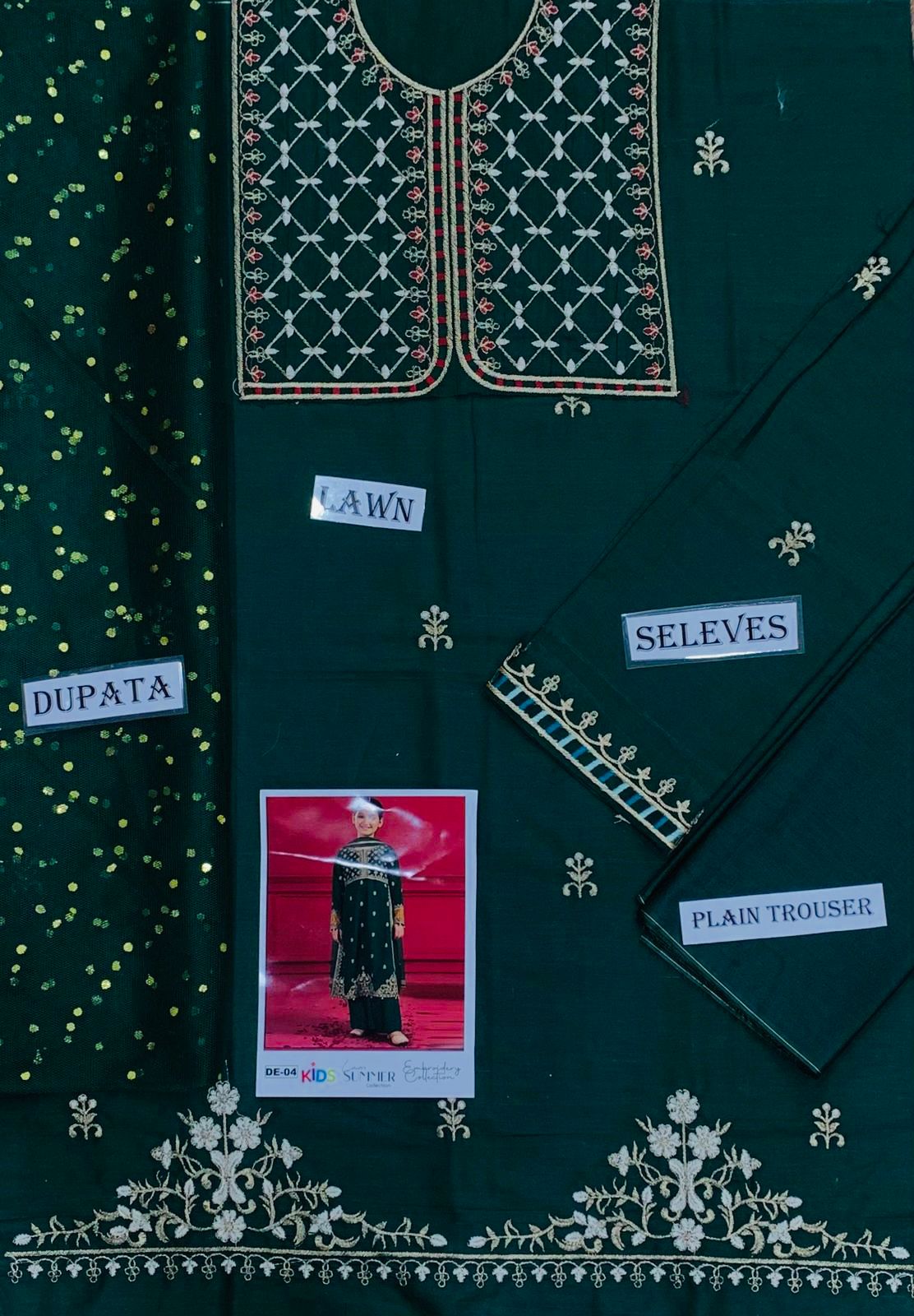 Kids 3PC Embroidered Summer Dress With Net Dupatta - Unstitched - DE-04