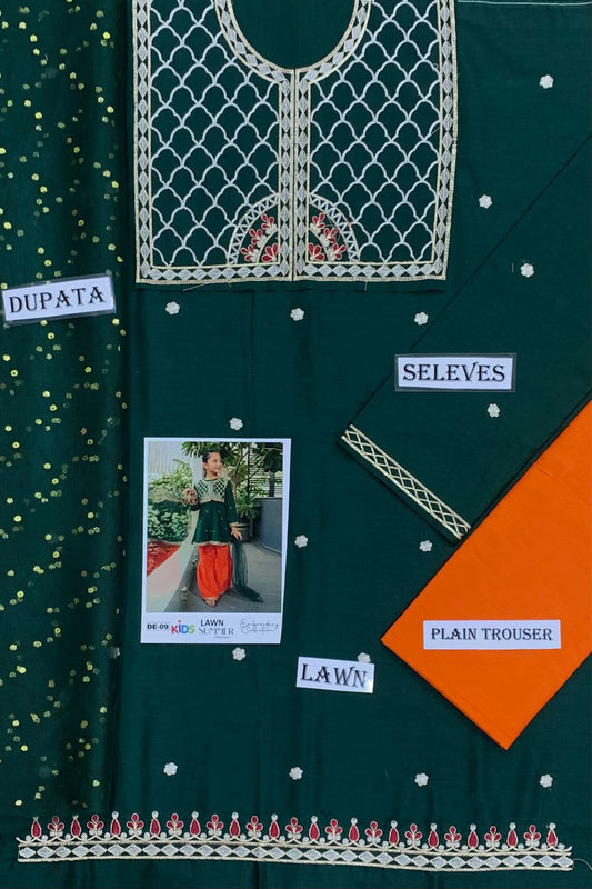 Kids 3PC Embroidered Summer Dress With Net Dupatta - Unstitched - DE-09