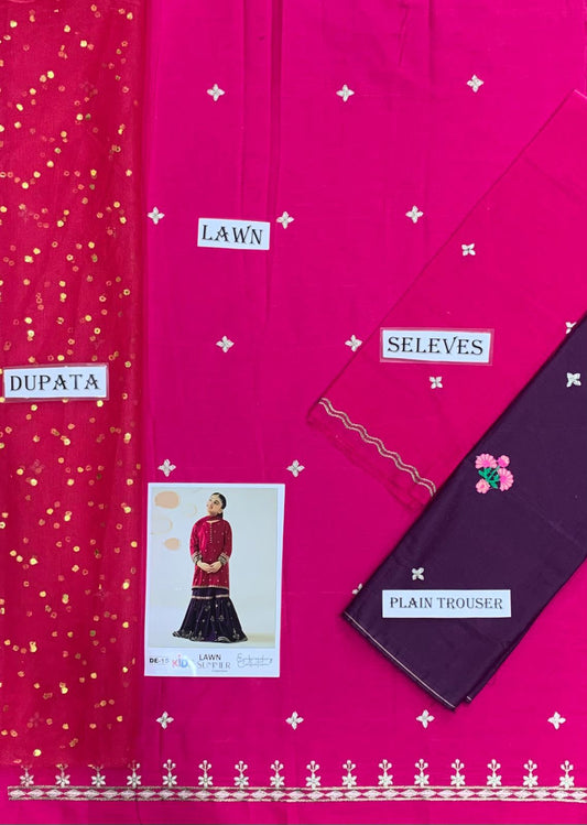 Kids 3PC Embroidered Summer Dress With Net Dupatta - Unstitched - DE-15