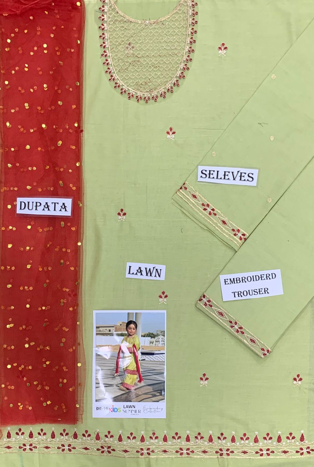 Kids 3PC Embroidered Summer Dress With Net Dupatta - Unstitched - DE-16