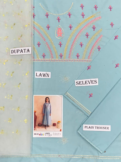 Kids 3PC Embroidered Summer Dress With Net Dupatta - Unstitched - DE-23