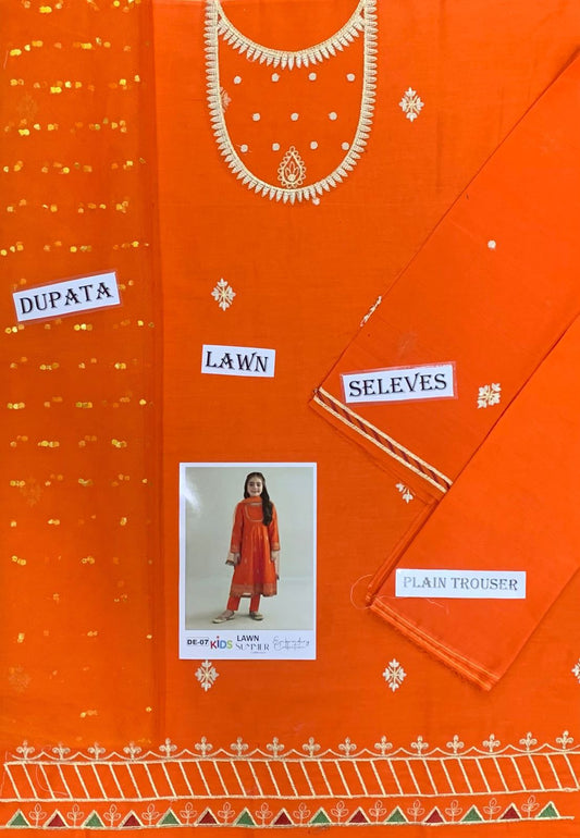 Kids 3PC Embroidered Summer Dress With Net Dupatta - Unstitched - DE-07