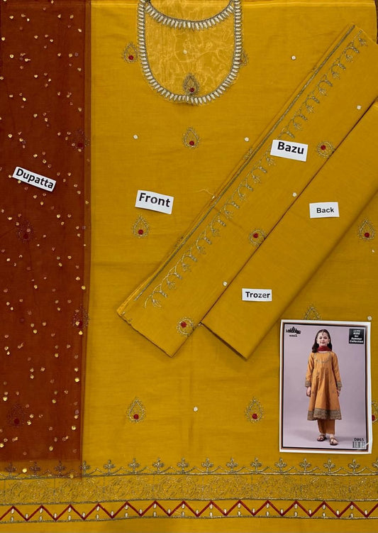 Kids 3PC Embroidered Summer Dress With Net Dupatta - Unstitched - DE-46