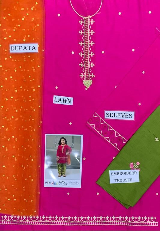 Kids 3PC Embroidered Summer Dress With Net Dupatta - Unstitched - DE-26