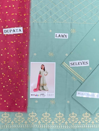 Kids 3PC Embroidered Summer Dress With Net Dupatta - Unstitched - DE-43