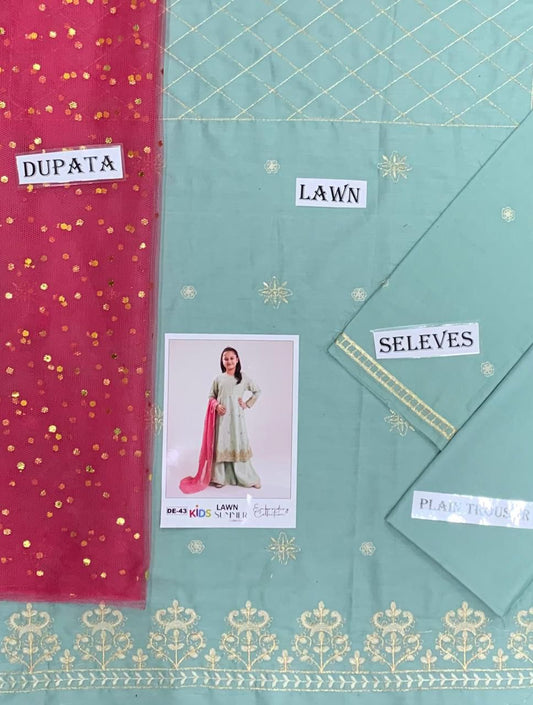 Kids 3PC Embroidered Summer Dress With Net Dupatta - Unstitched - DE-43