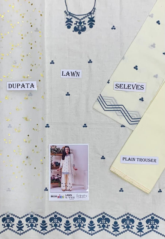 Kids 3PC Embroidered Summer Dress With Net Dupatta - Unstitched - DE-24