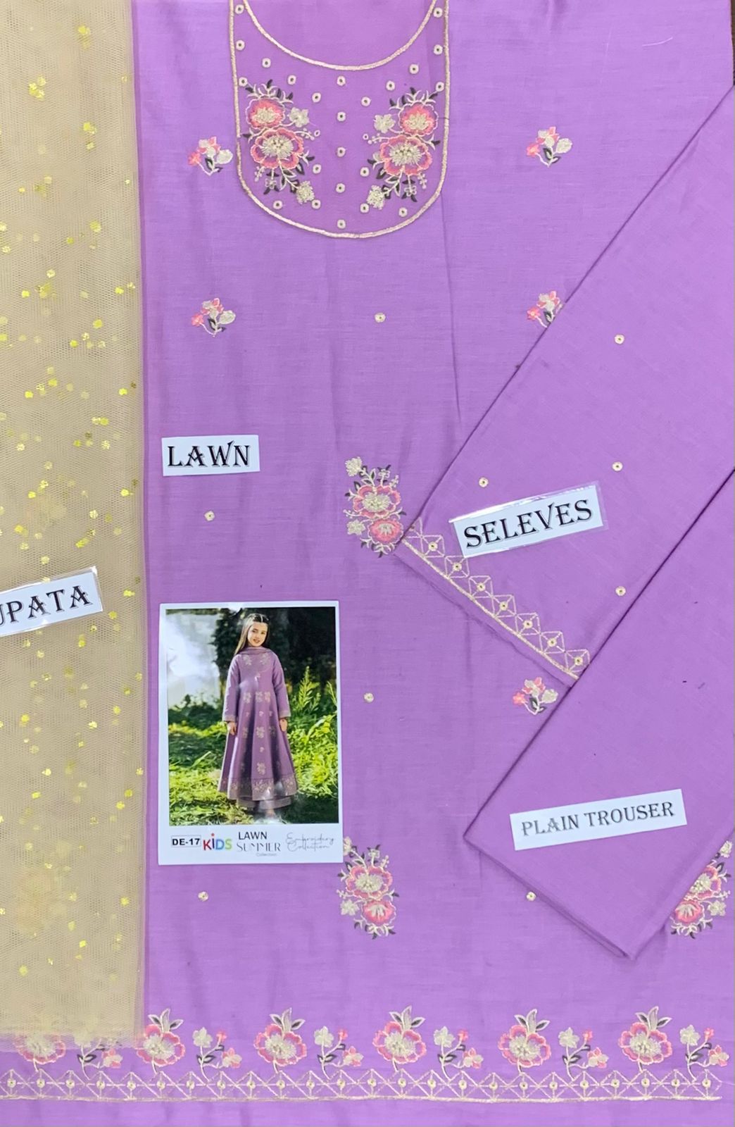 Kids 3PC Embroidered Summer Dress With Net Dupatta - Unstitched - DE-17